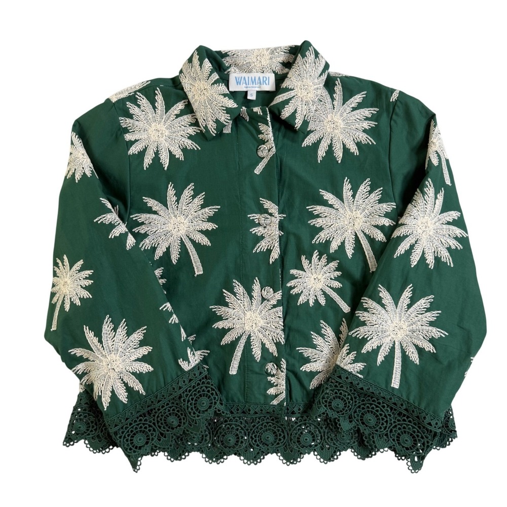 WAIMARI Tayrona Palm Tree Embroidered Cotton Lace Jacket Green Small Resort Chic - Picture 2 of 13